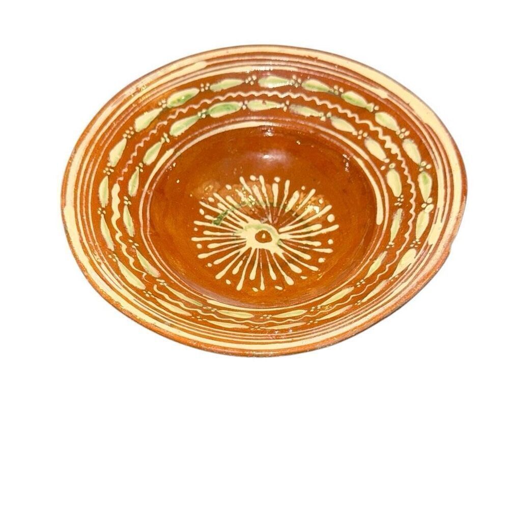 1920's Mexican Bandera Tlaquepaque Tonala Slip Redware Clay Folk Art Bowl